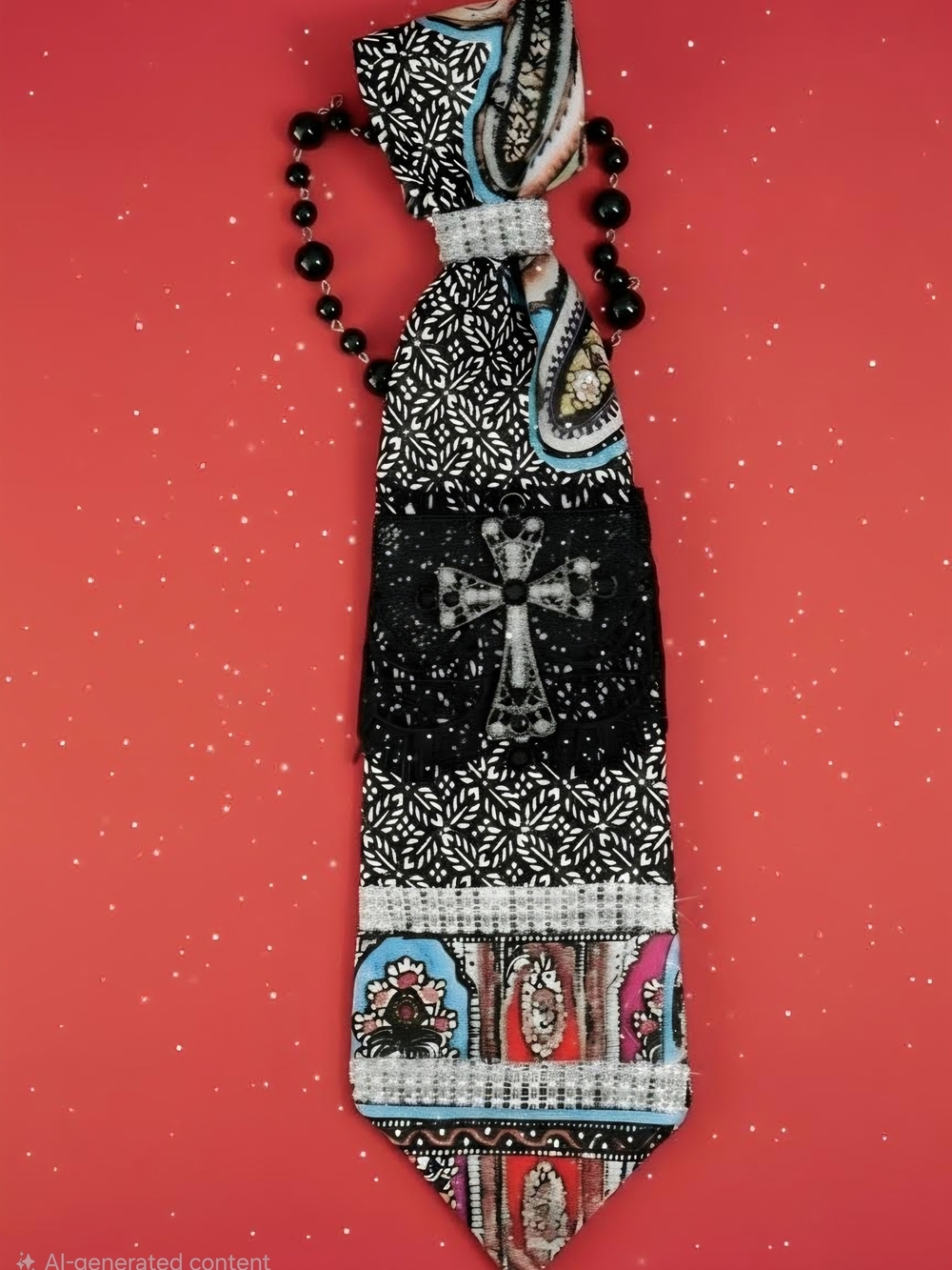 Black Patterned Cross Pendant Tie Necklace - Women Jewelry